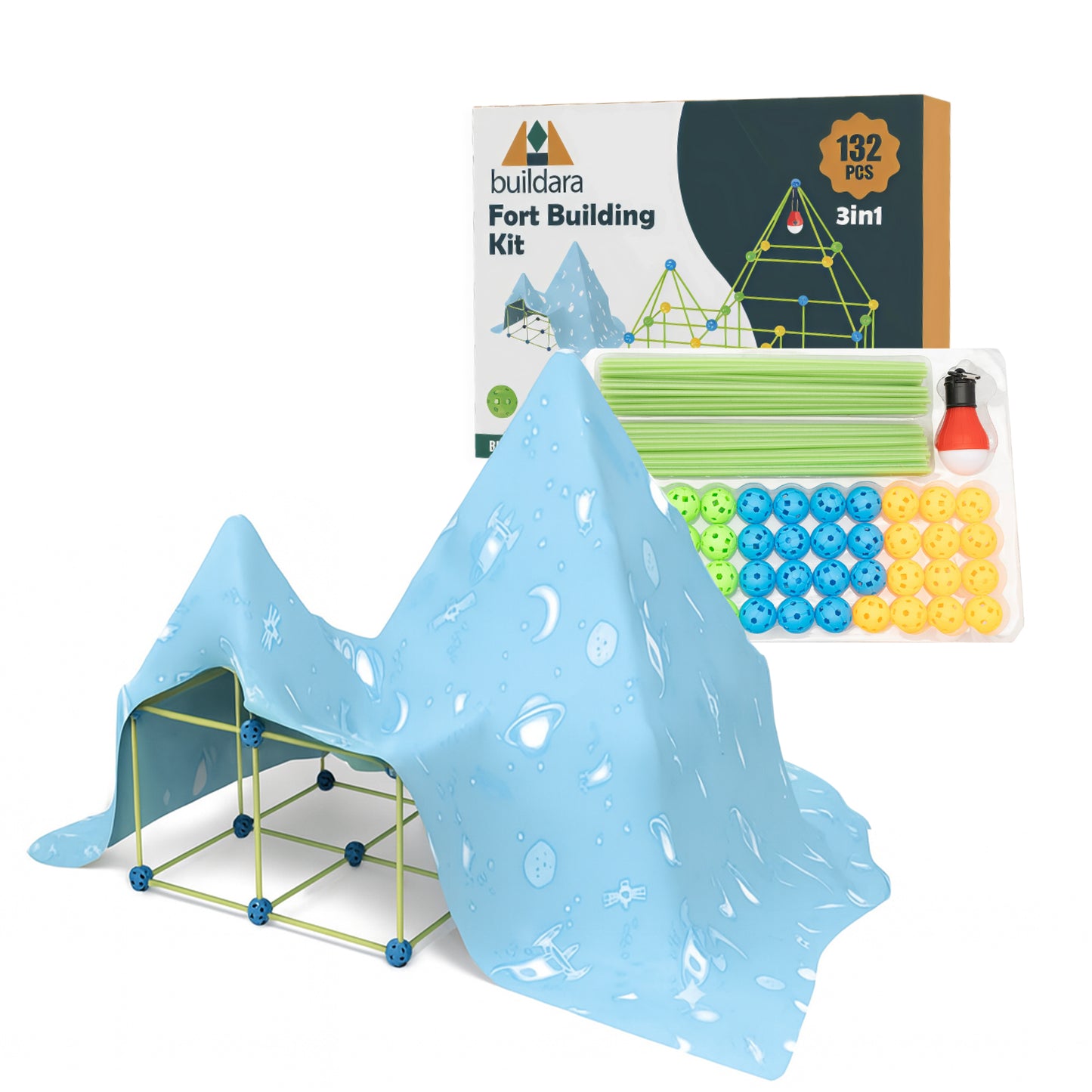 Buildara Fort Building Kit – 132 Pcs STEM Glow Forts for Kids 4-10