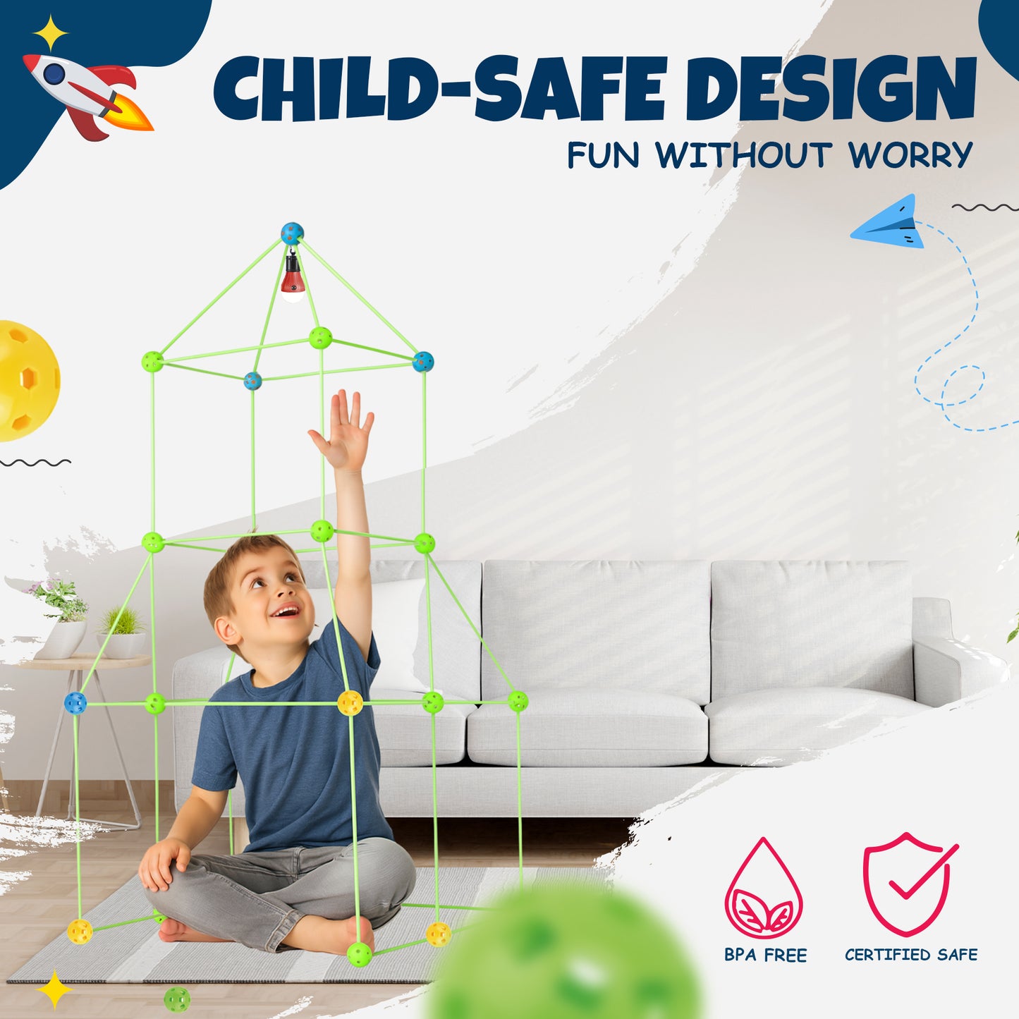 Buildara Fort Building Kit – 132 Pcs STEM Glow Forts for Kids 4-10